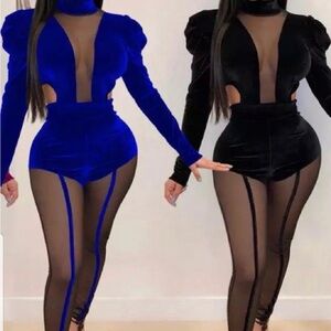 Chic Sheer Panel Two PieceSet- Royal Blue and Black